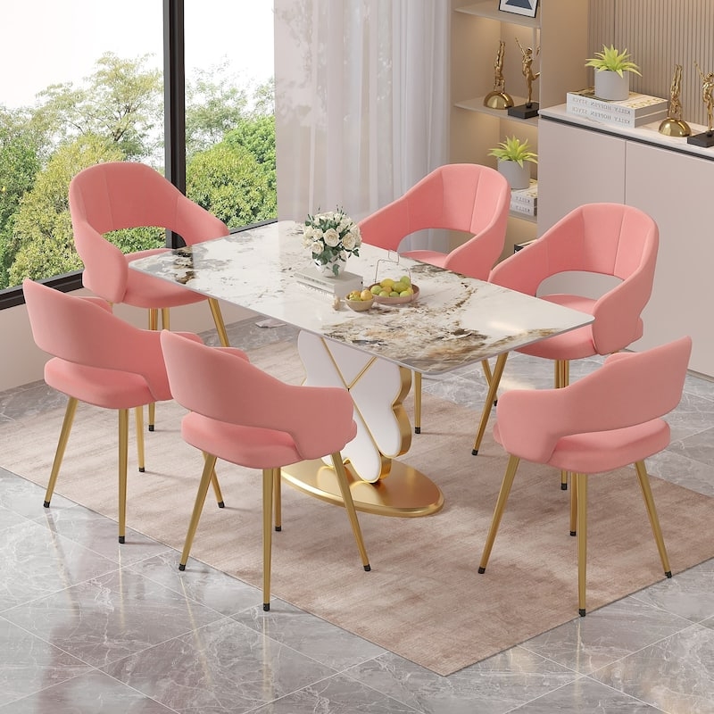 Pink Velvet Cutout Back Dining Chairs with Gold Tapered Legs