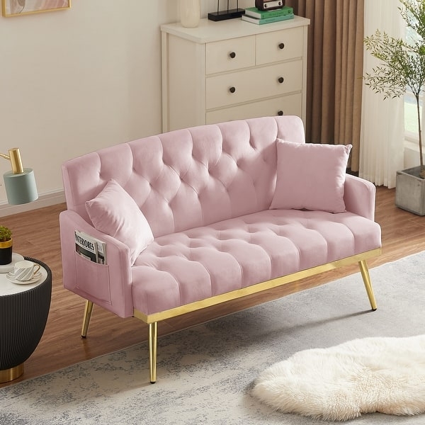 Pink Velvet Loveseat with Gold Metal Base and Side Pocket