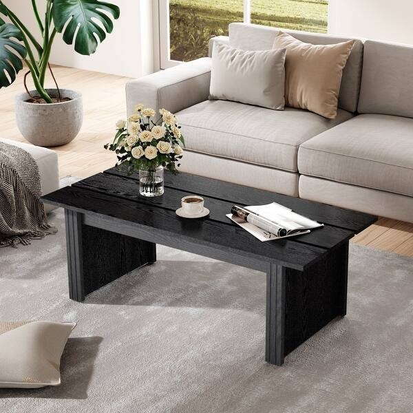 Planked Top Coffee Table Matte Finish Block Legs Rectangular Modern