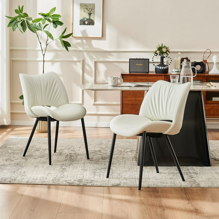 Pleated Backrest Dining Chair Curved Seat Black Tapered Legs White