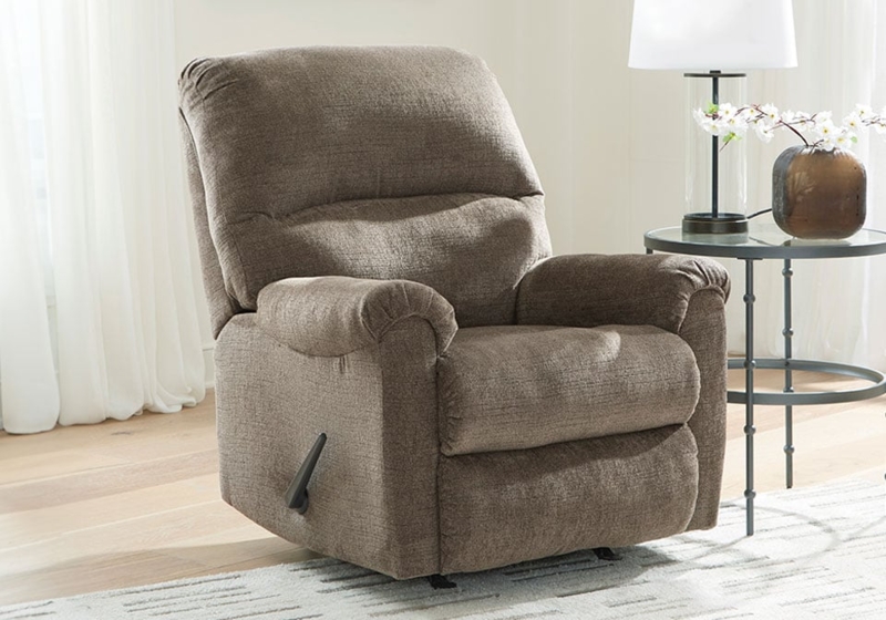 Plush Rocker Recliner with Rolled Arms and Baffle Back, Nutmeg