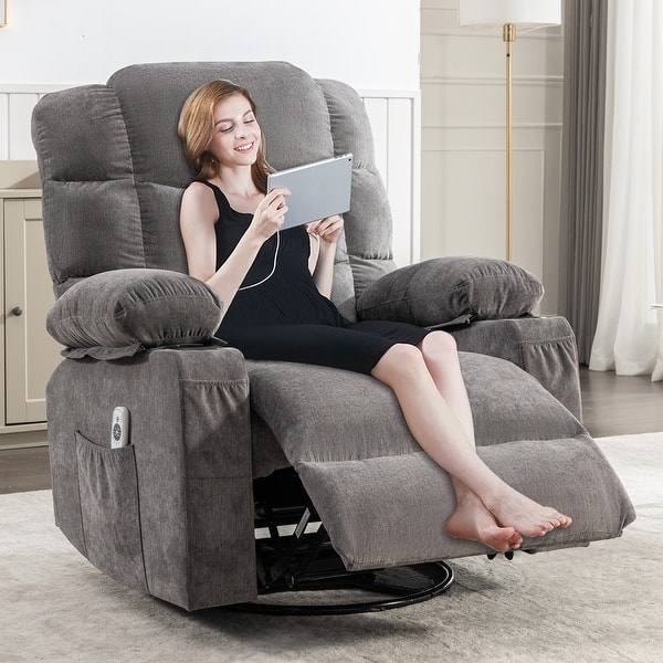 Plush Swivel Recliner Chair with Cup Holder and Side Pocket, Charcoal