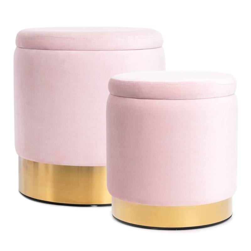 Polished Gold Base Velvet Storage Ottoman Vanity Stool Set