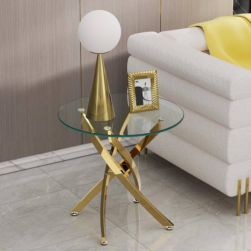Polished Gold End Table Round Glass Top with Interlocking Legs