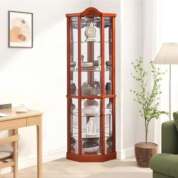 Polished Wood Corner Curio Cabinet with Arched Top Pediment