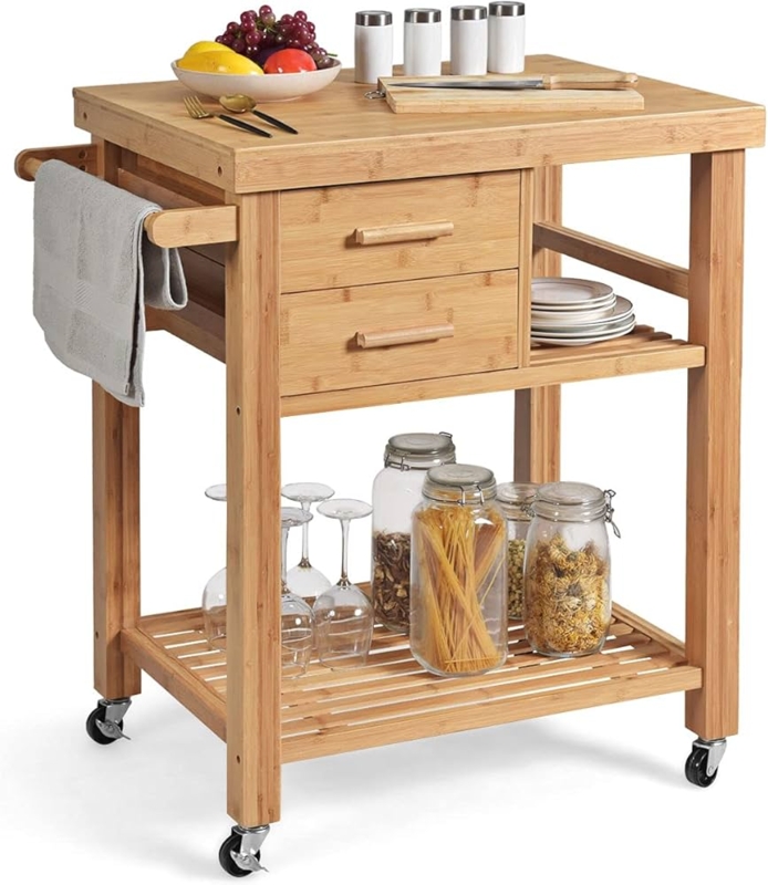 Portable Bamboo Kitchen Island Cart with Slatted Open Shelving