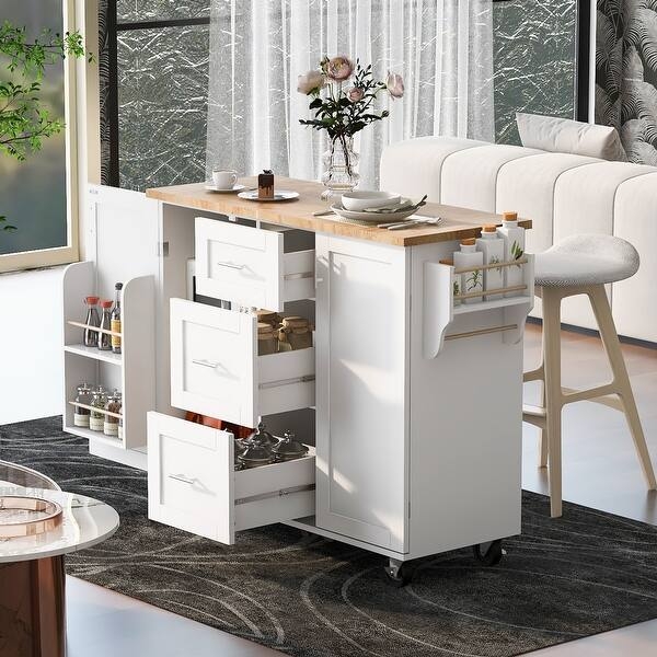 Portable Kitchen Cart, White with Tiered Drawers and Silver Pulls