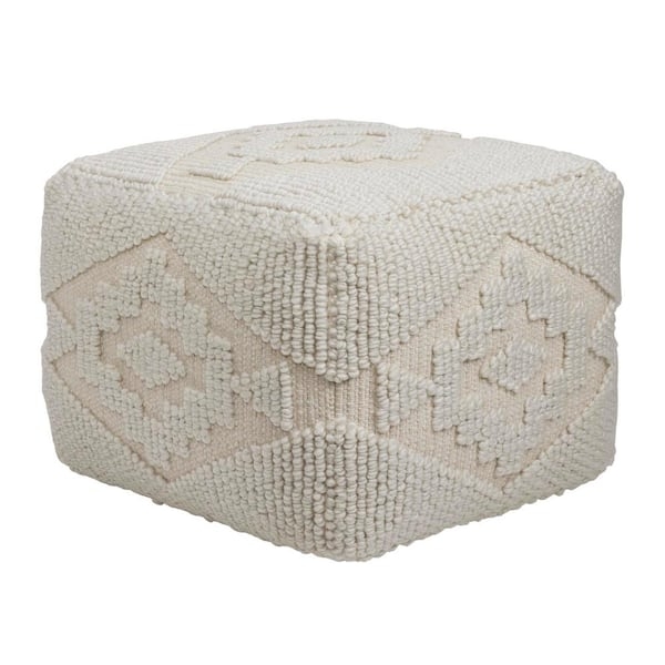 Pouf Ottoman Hand Woven Geometric Pattern Chunky Knit Ivory Boho