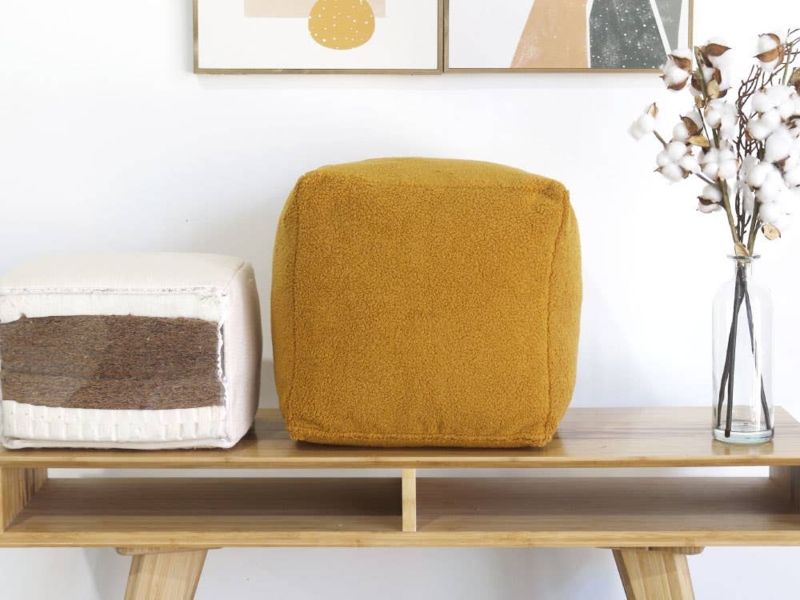 Pouf Ottoman in Mustard Yellow Boucle Texture, Minimalist Accent