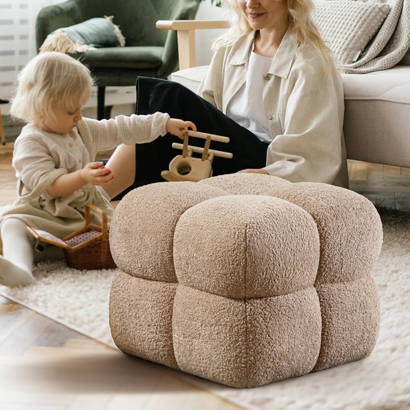 Pouf Ottoman in Tan Sherpa with Bubble Tufting, Modern Bouclé Pouf