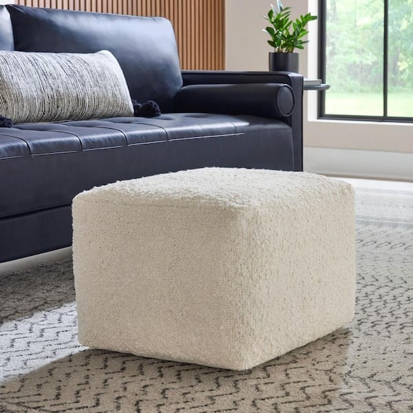 Pouf Ottoman Ivory Boucle Texture Square Silhouette Modern Organic Style