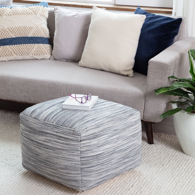 Pouf Ottoman Navy Blue Gray Horizontal Weave Two Tone Pattern Coastal