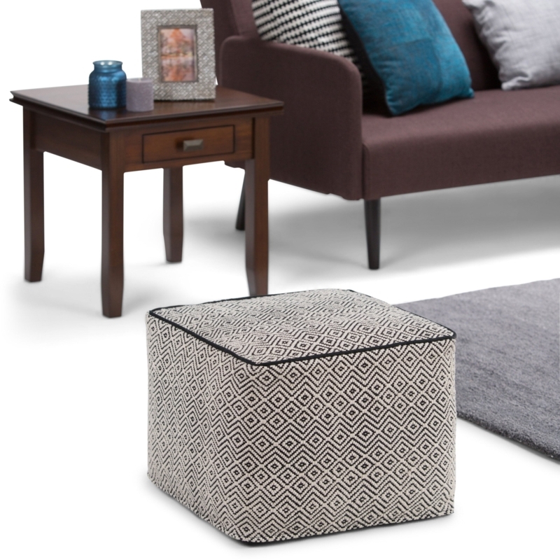Pouf Ottoman with Textured Geometric Diamond Pattern in Cream Fabric
