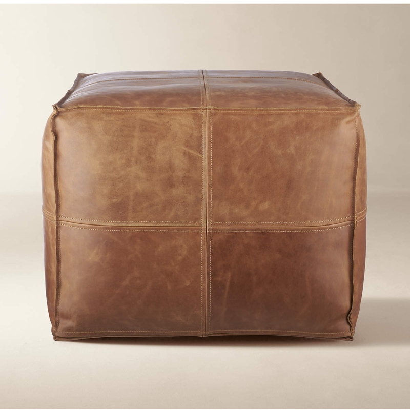 Pouf Square Cognac Leather-Like Paneled Construction Rustic