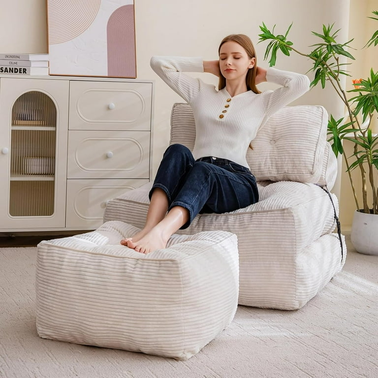 Pouf Square Corduroy Ribbed Surface Cream Piped Edges Minimalist