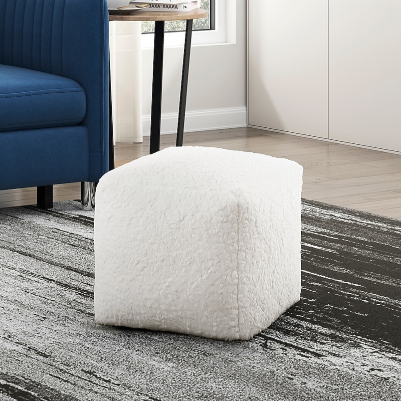 Pouf Square Cube Off White Faux Fur Modern Plush Seat