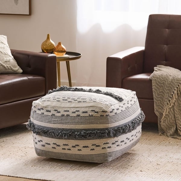 Pouf Square Ivory Gray with Shag Fringe Rows Textured Boho