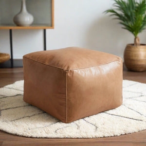 Pouf Tan Cognac Color Welted Seams Square Silhouette Modern Boho