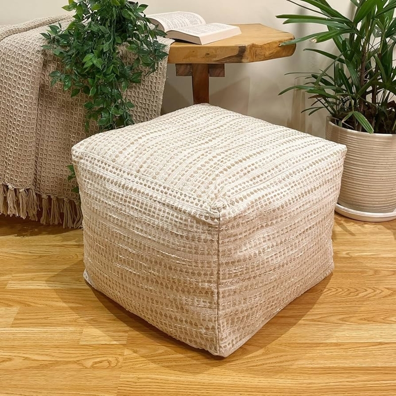 Pouf Waffle Weave Texture Beige Piped Edges Casual Floor Seating