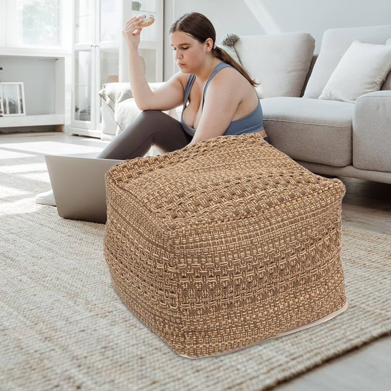 Pouf with Chunky Woven Texture and Handmade Look, Tan Cotton Ottoman