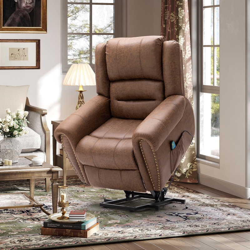 Power Lift Chair Distressed Leather Nailhead Trim Traditional Style