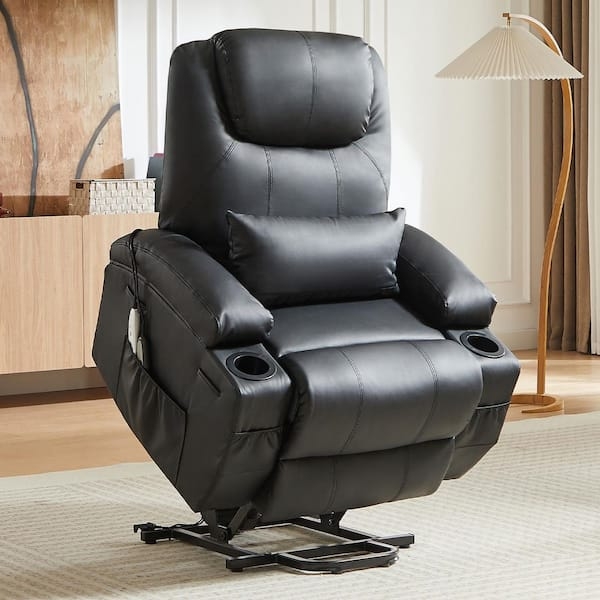 Power Lift Recliner Black Leather-Like Lumbar Pillow Cup Holders Modern