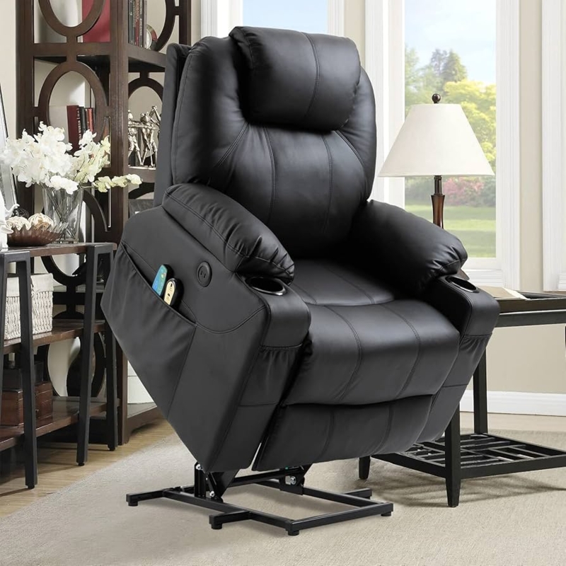 Power Lift Recliner Black Leather-Like with Cup Holders and Side Pockets
