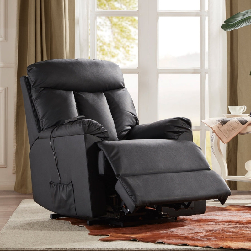 Power Lift Recliner Black Leather-Like with Extended Footrest