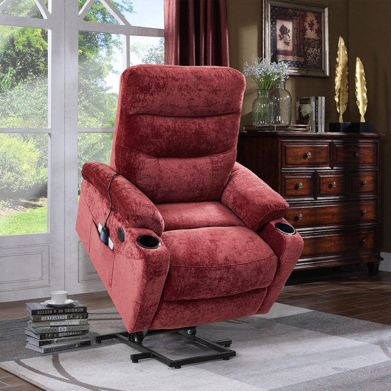 Power Lift Recliner, Brick Red Chenille Fabric with Cup Holders