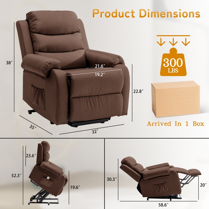 Power Lift Recliner Brown Fabric Compact Size Transitional Side Pocket