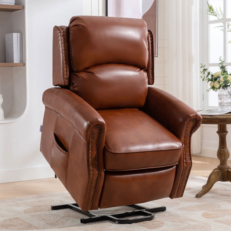 Power Lift Recliner Caramel Faux Leather Nailhead Trim Tiered Back