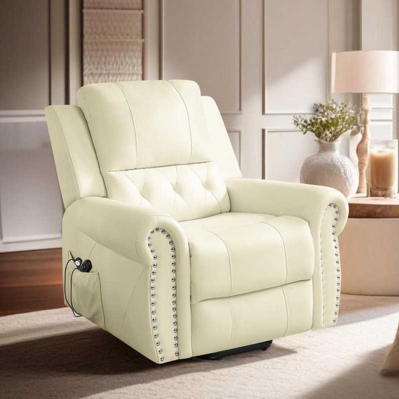 Power Lift Recliner Chair, Cream Leather-Like, Diamond Tufting, Remote.