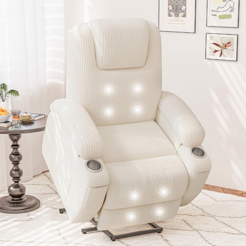 Power Lift Recliner Corduroy Texture Massage Function Cup Holders