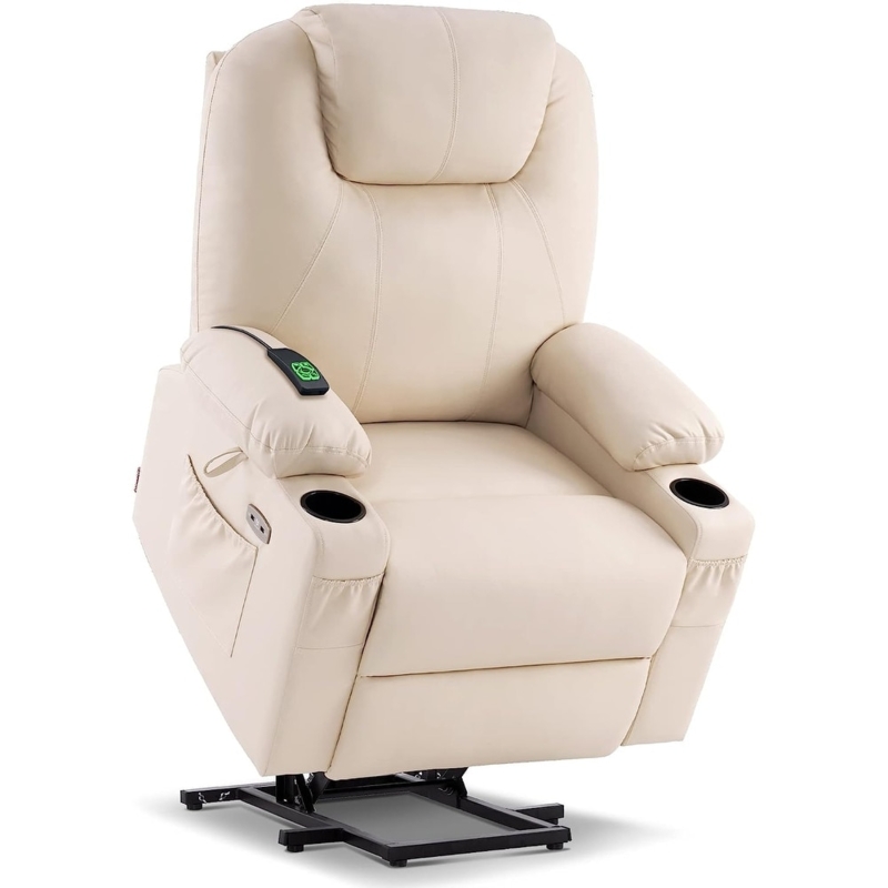 Power Lift Recliner Cream Leather-Like Dual Cup Holders Side Pockets