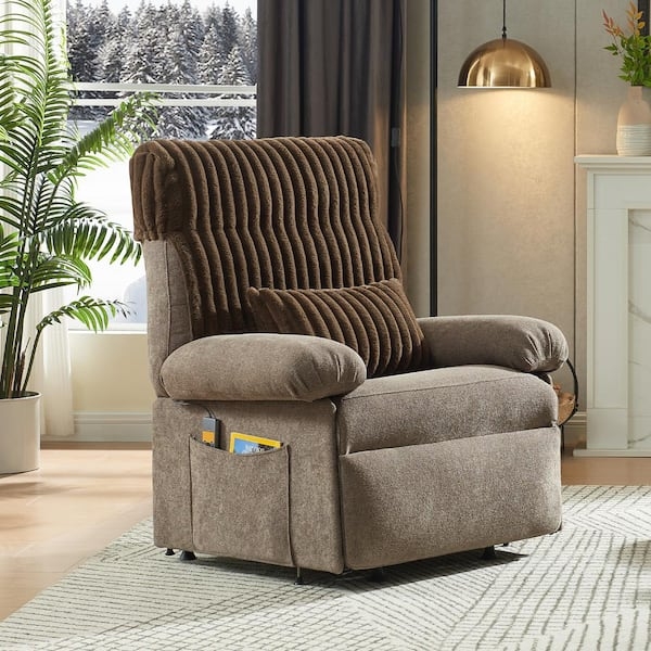 Power Lift Recliner Dark Coffee Ribbed Fabric with Lumbar Pillow