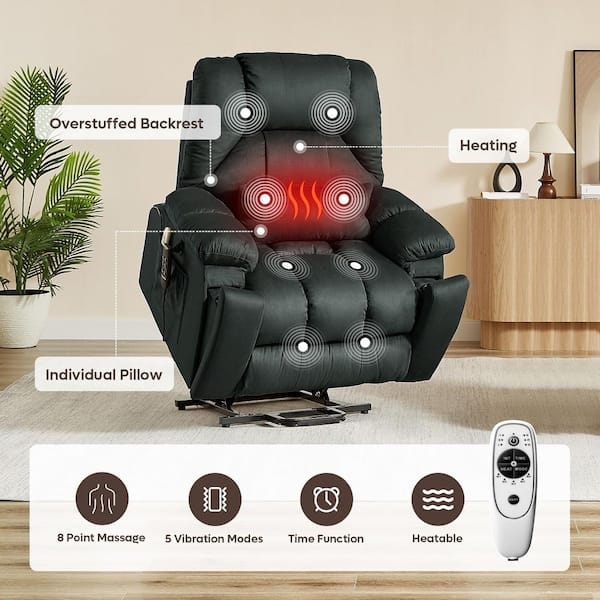 Power Lift Recliner Dark Gray 8-Point Massage Heating Overstuffed