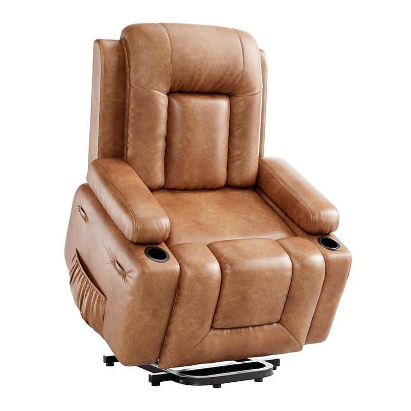 Power Lift Recliner Dual Cup Holders Side Pockets Brown Leather