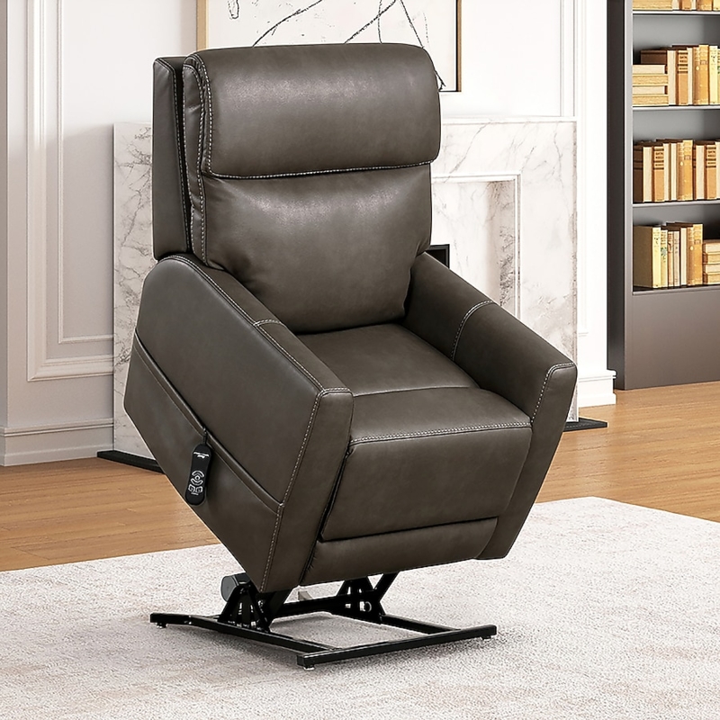Power Lift Recliner Gray Faux Leather Contrast Stitching Wired Remote