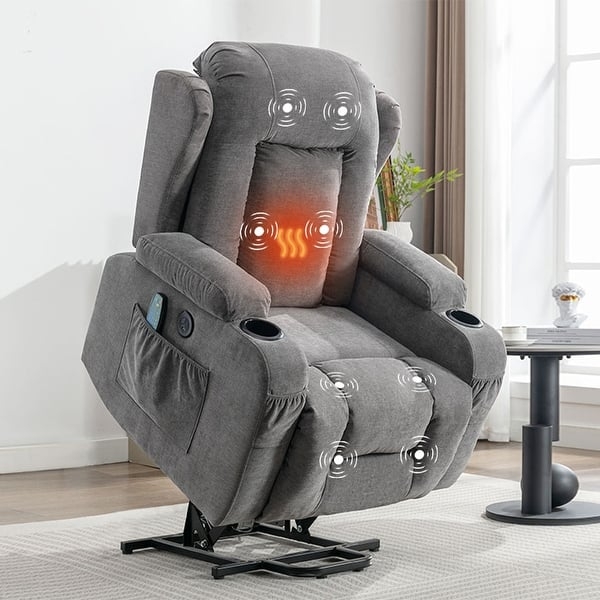 Power Lift Recliner Grey Fabric Dual Cup Holders Heat Massage Function