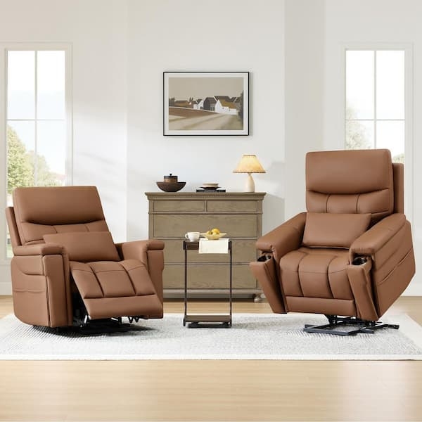 Power Lift Recliner Saddle Brown Leather-Look, Dual Motor Mechanism