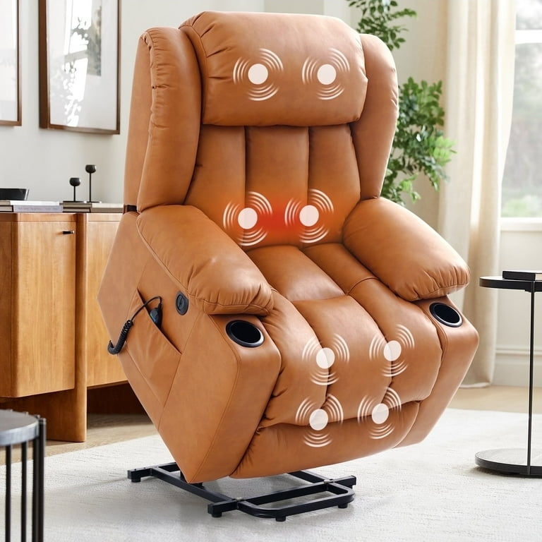 Power Lift Recliner Vibrant Orange Leather-Like with Heat and Massage