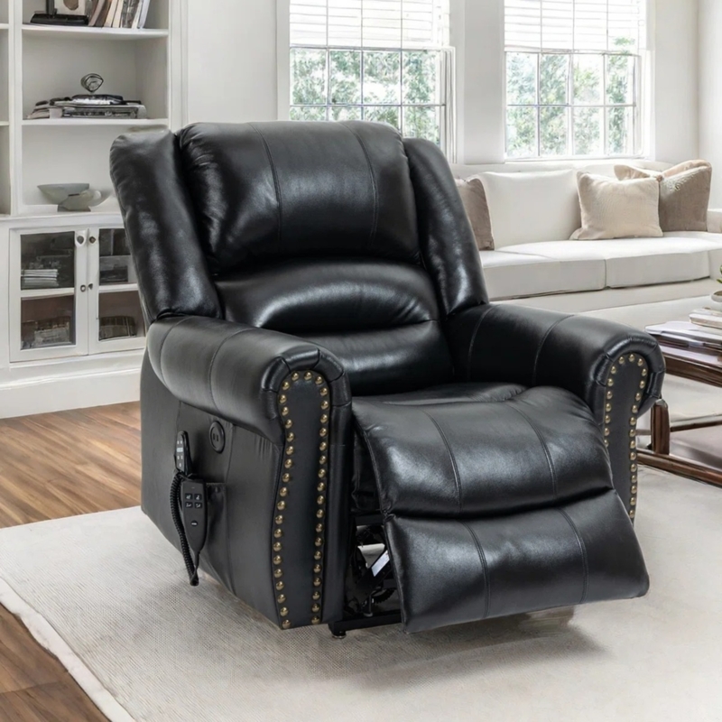 Power Recliner Black Leather-Like Nailhead Trim, Traditional Rolled Arms