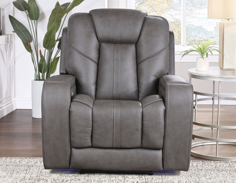 Power Recliner Charcoal Grey Leather-Like Blue LED Base