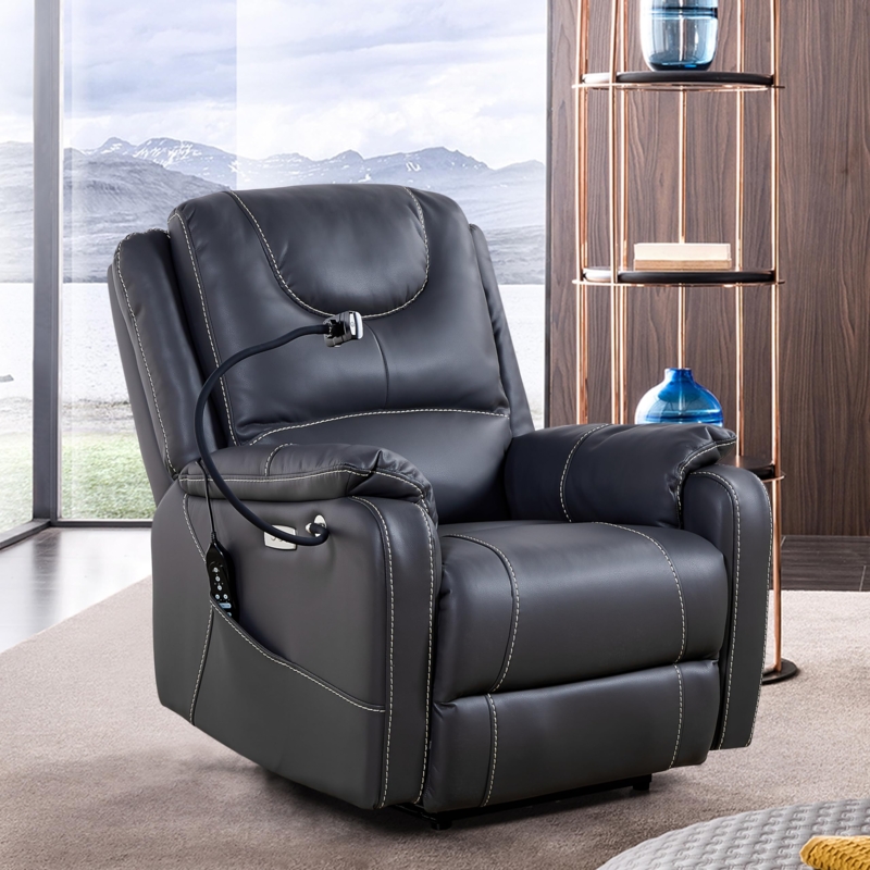 Power Recliner Charcoal Grey Leather with Phone Holder and USB Port