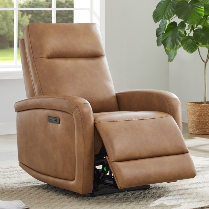 Power Recliner Cognac Brown Leather-Like with USB Port, Modern Seating