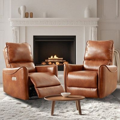 Power Recliner Cognac Leather-Like Padded Arms, Modern Living Room Seating