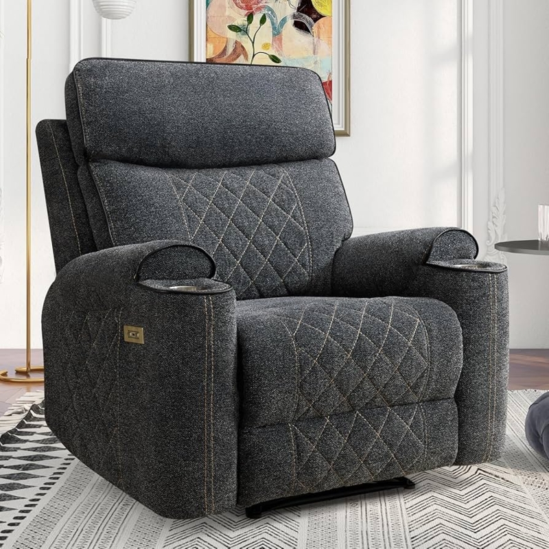 Power Recliner Dark Grey Diamond Quilted Cup Holders