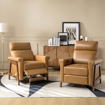 Power Recliner, Exposed Wood Frame, Tan Leather-Look, Mid-Century