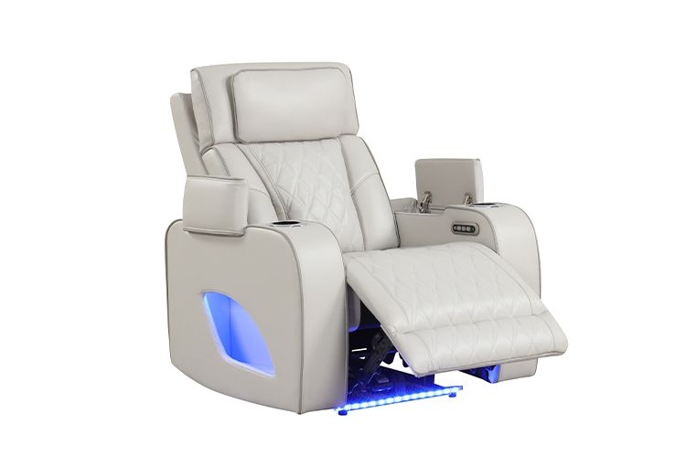 Power Recliner Ice Grey Diamond Quilting LED Lighting Hidden Storage