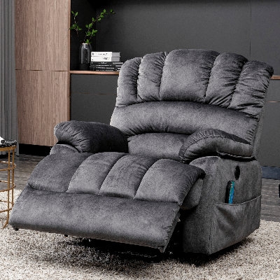 Power Recliner in Charcoal Grey with Side Storage Pocket and Plush Fabric